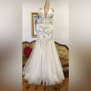 Terani couture wedding halter lace flower embellished wedding gown nude size XS